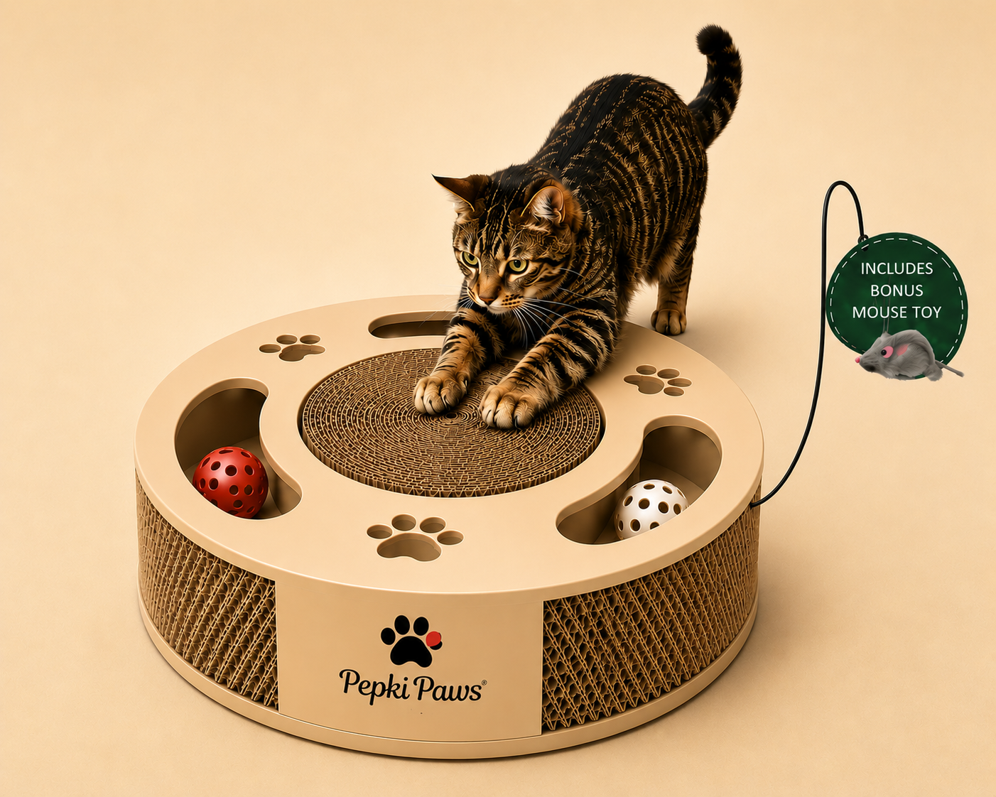 Interactive Cat Scratcher & Ball Track with three paw-shaped openings