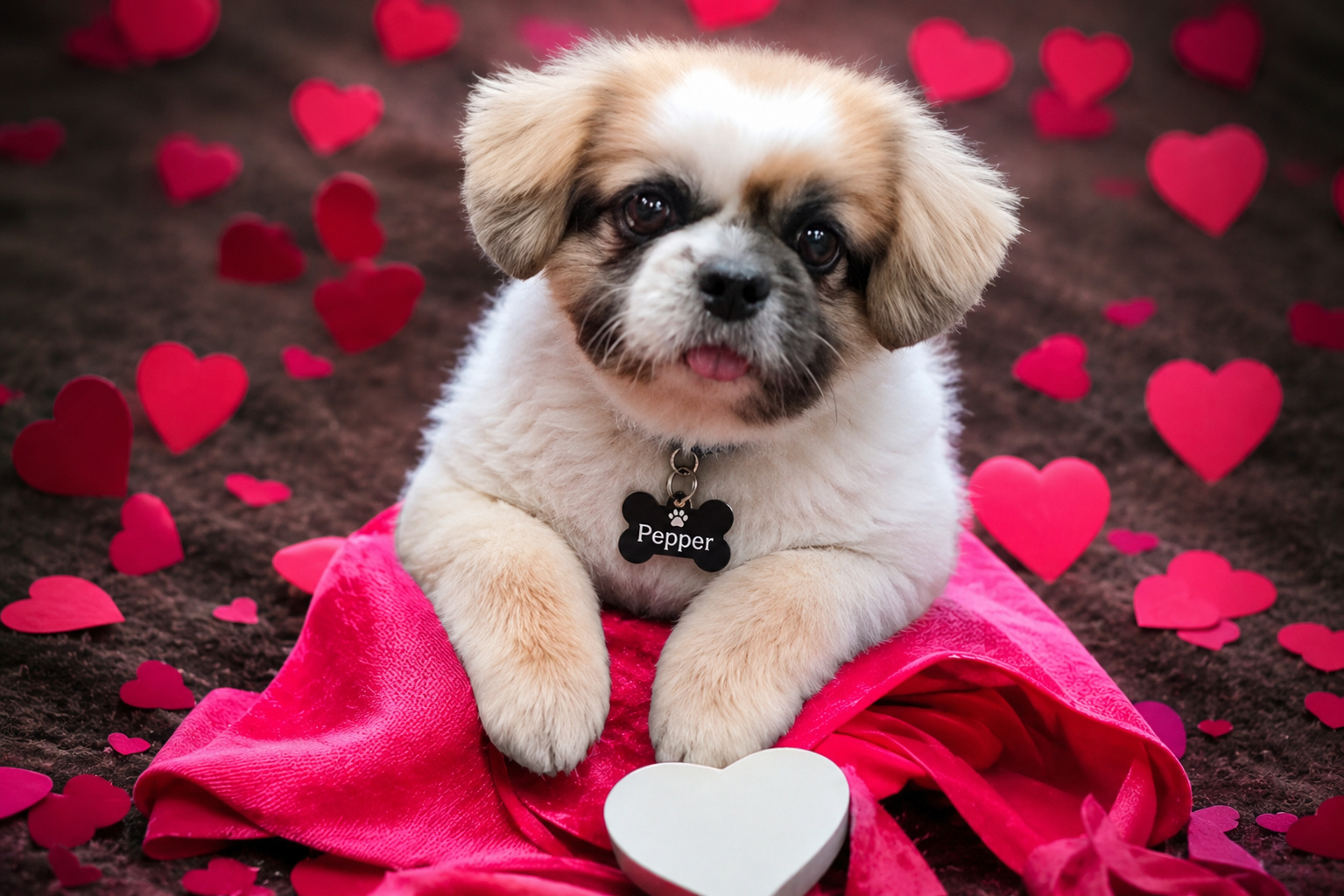 Pepper, a small fluffy dog wearing a black Pepper name tag, lying down among scattered red hearts